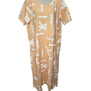 Vintage Cotton Connection Short Sleeve Maxi Dress M Turtle Painted Peach Orange